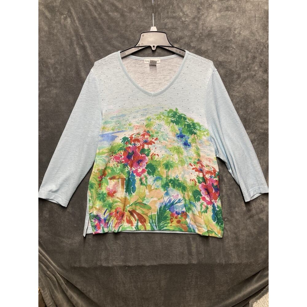 Rebecca Malone Artsy Landscape Top Woman’s L Tropical Coastal Rhinestone Beachy